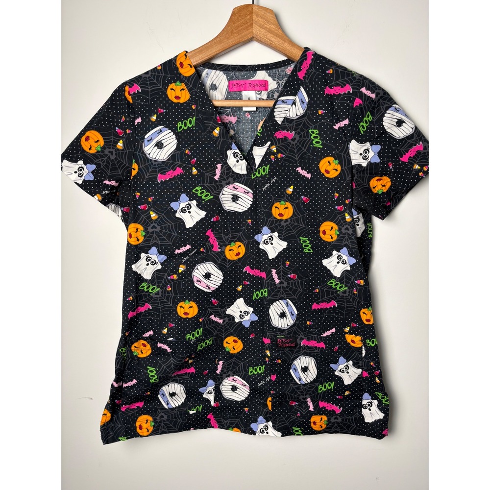 Betsey Johnson Halloween Scrub Top Womens Small Black Mummy Ghost Pumpkin V-Neck